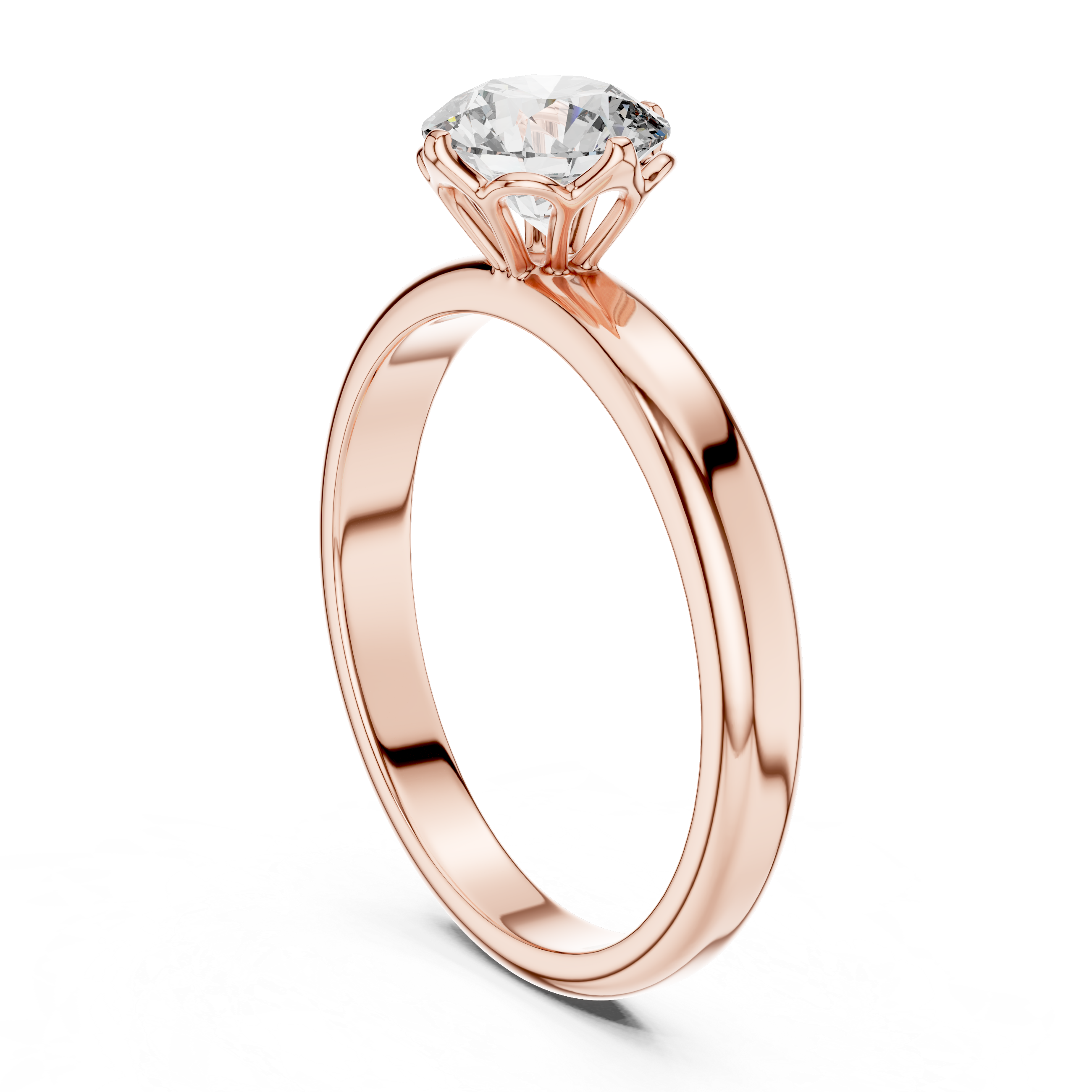 Rose gold ring with a diamond on a white background